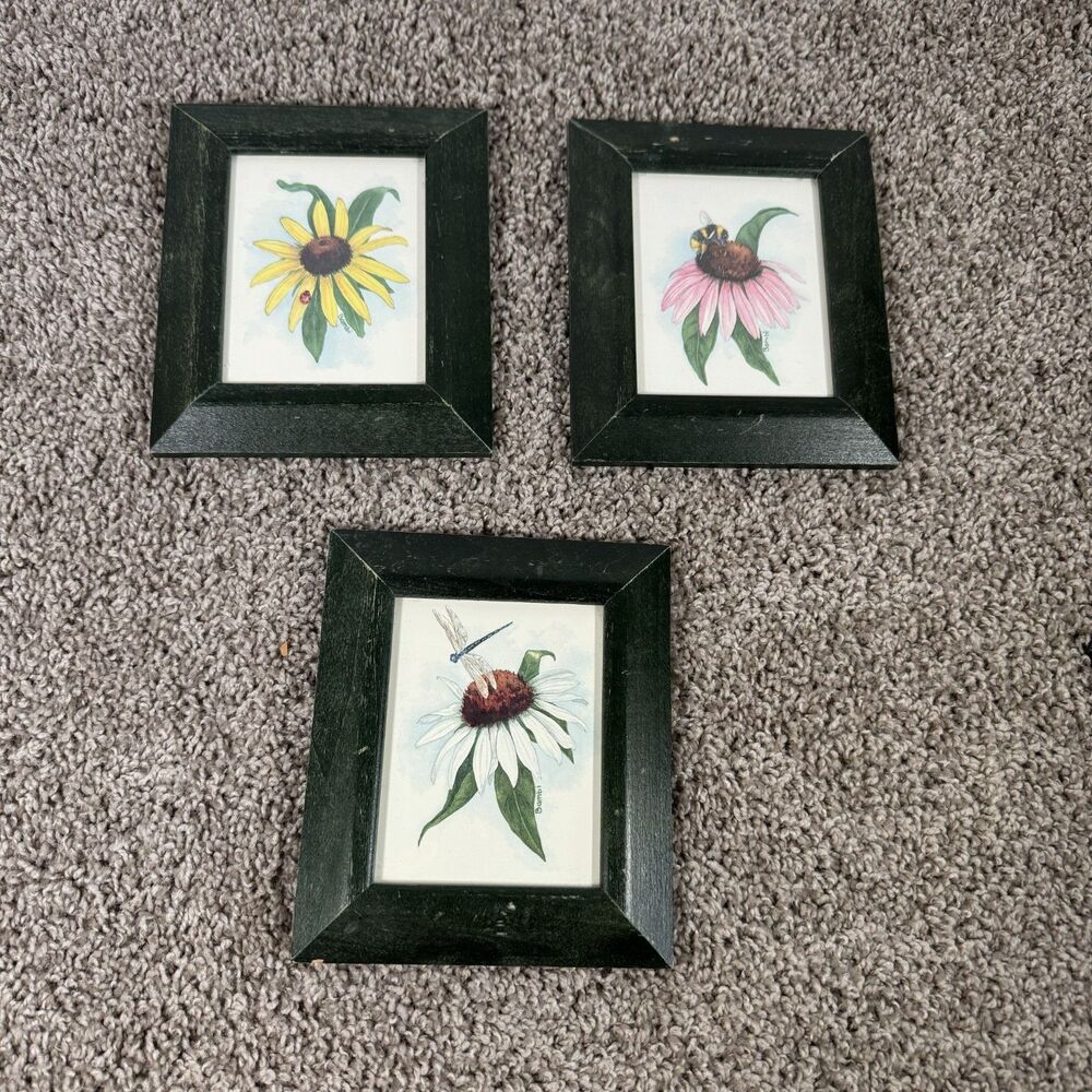 Bambi Papais Small Framed Prints Mini Flowers And Friends 6x7" LOT of 3 Decor